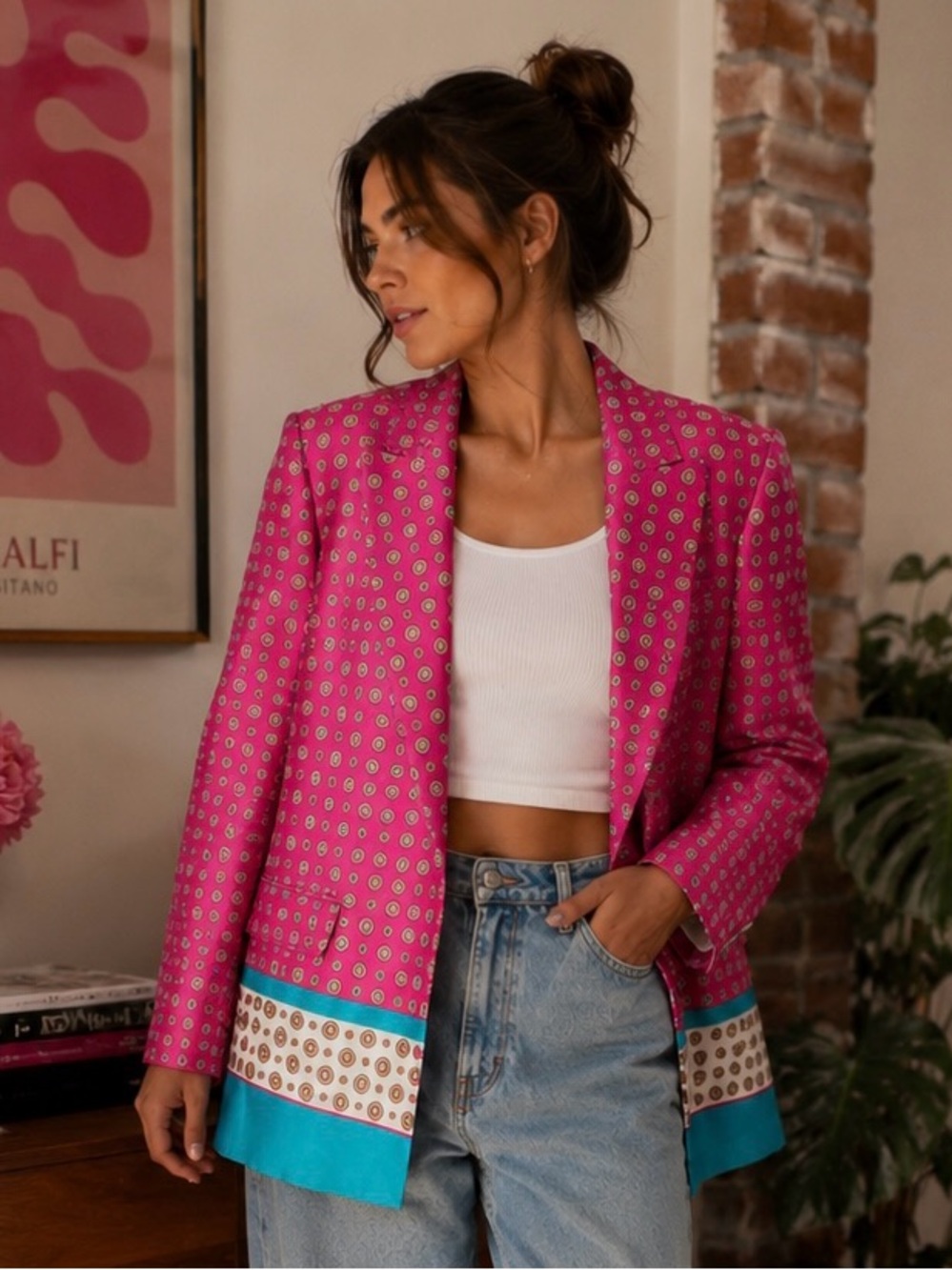 Zara Pink Patterned Blazer with Turquoise Hem